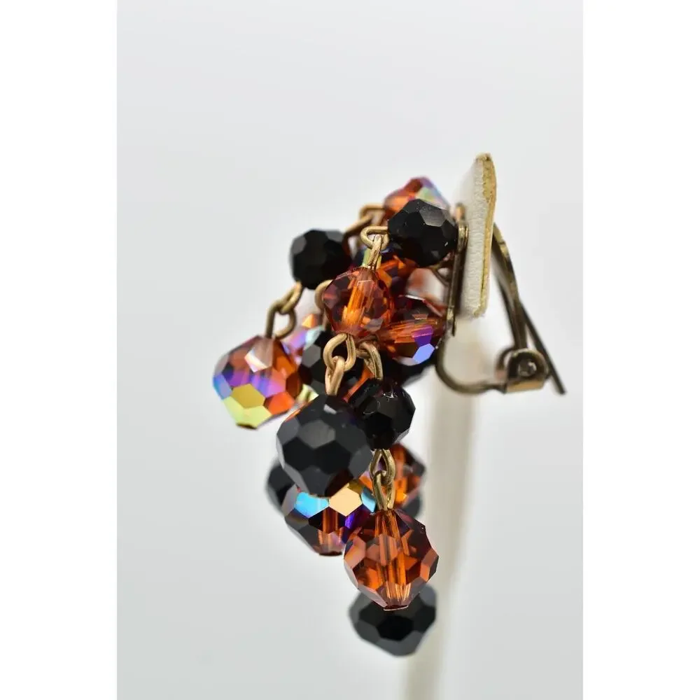 Laguna Vintage Clip On Crystal Earrings Chandelier Black Orange Signed 1950s A24